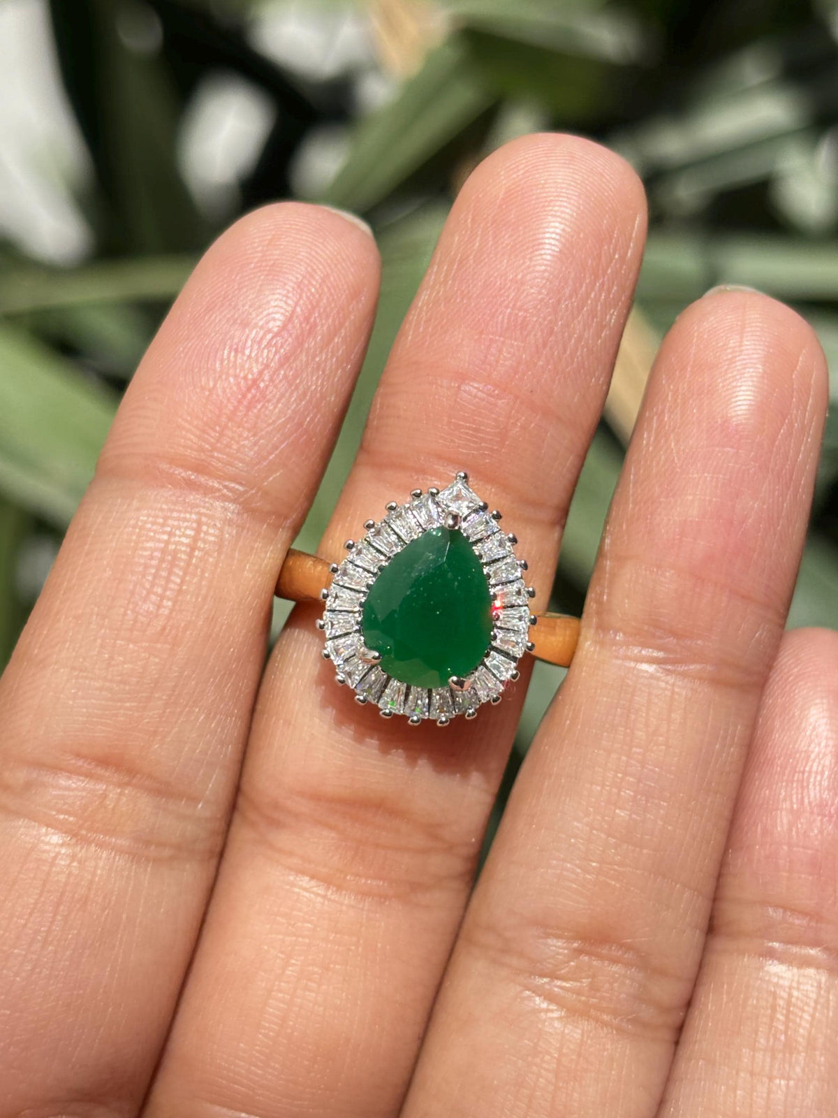 Emerald Diamond Ring Pearl Shape Stone Statement Moissanite Engagement Green Gold Plated Jewelry Gift