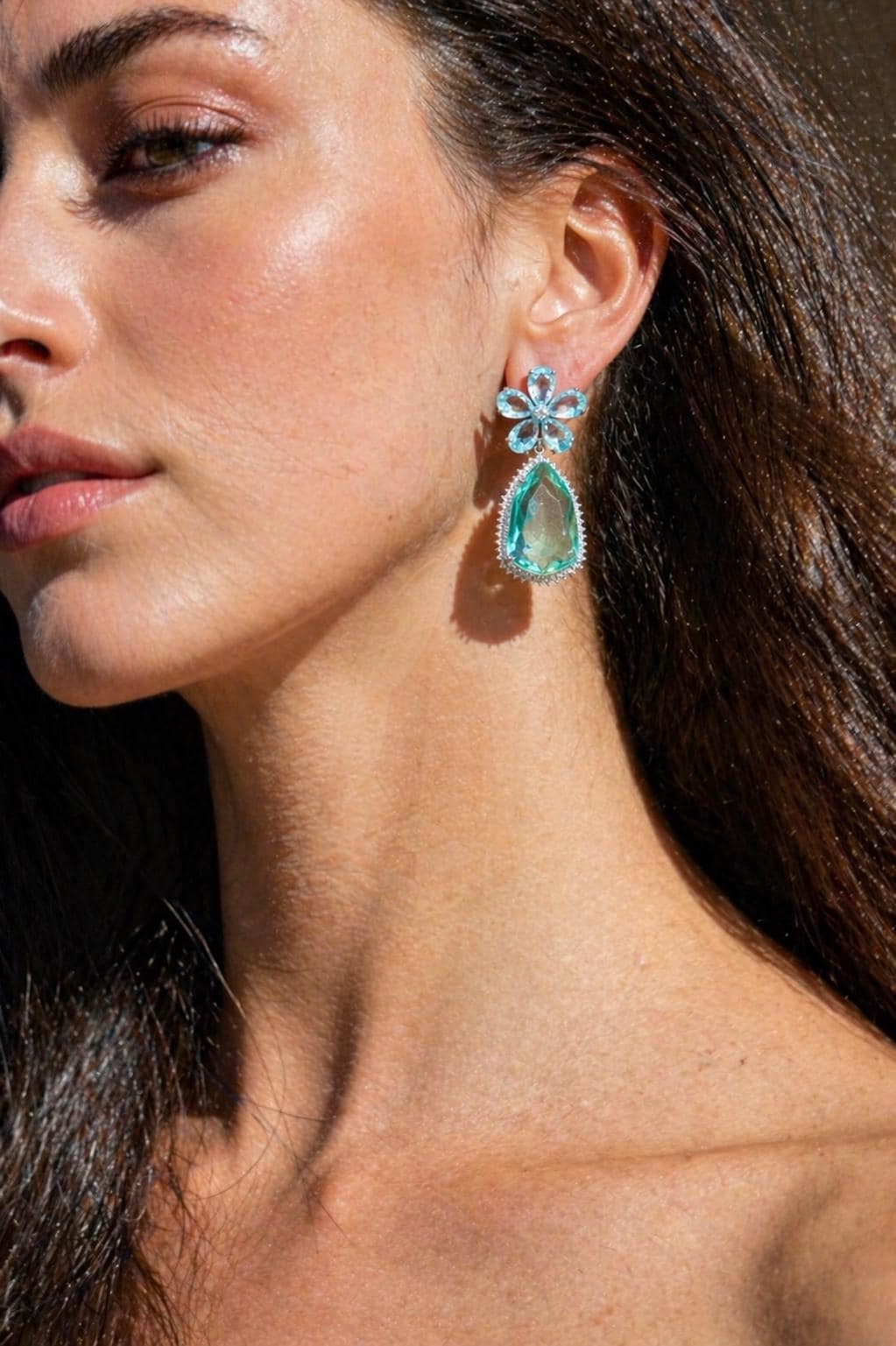 Aquamarine Diamond Earrings Statement Large Flower Shape Long Teal Sapphire Aqua Blue Designer Jewelry
