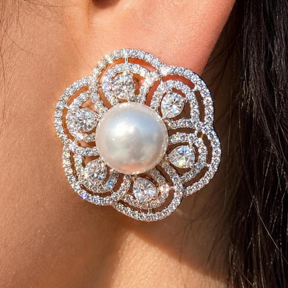 Large Pearl Stud Earrings Moissanite CZ Diamond Cubic Zirconia Big Huge Bride Wedding Gift
