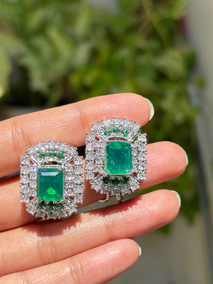 Large Emerald Doublet Earrings Statement Studs Moissanite Diamond Green Paraiba Tourmaline Cubic Zirconia Jewelry