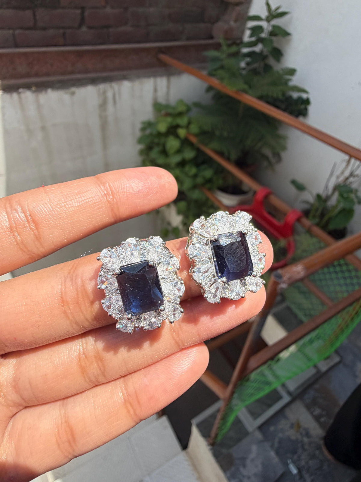 Sapphire Diamond Earrings Large Statement Studs Big Royal Blue Stone Jewelry Wedding Moissanite CZ