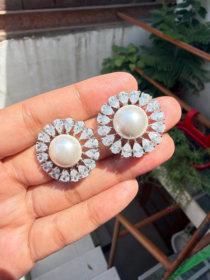 Large Pearl Earrings Cubic Zirconia CZ Moissanite Statement Studs Big Huge Everyday Style Wedding