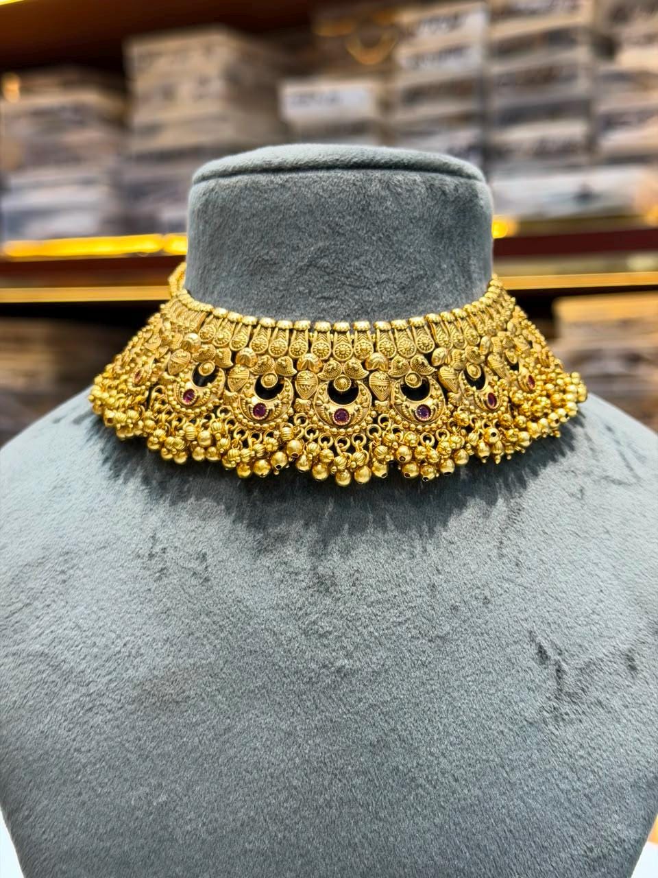Indian Necklace Antique Gold Plated Bridal Choker South Indian Jewelry Temple Wedding Golden Set
