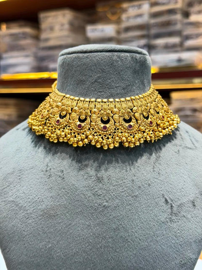 Indian Necklace Antique Gold Plated Bridal Choker South Indian Jewelry Temple Wedding Golden Set