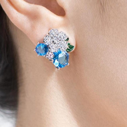 Aquamarine Earrings Small Studs Aqua Blue Stone Jewelry Flower Moissanite Diamond Prom Gift Her