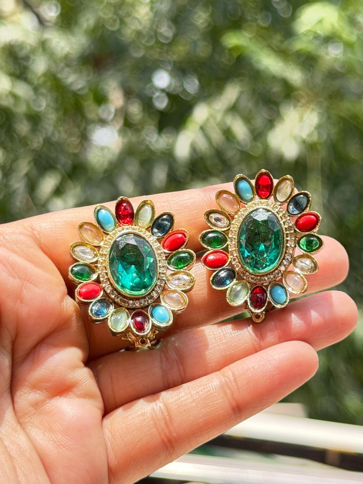 Large Studs Multicolor Earrings Statement Teal Sapphire Moissanite Mix Stone Oval Shape Designer Jewelry