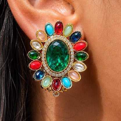 Large Studs Multicolor Earrings Statement Teal Sapphire Moissanite Mix Stone Oval Shape Designer Jewelry