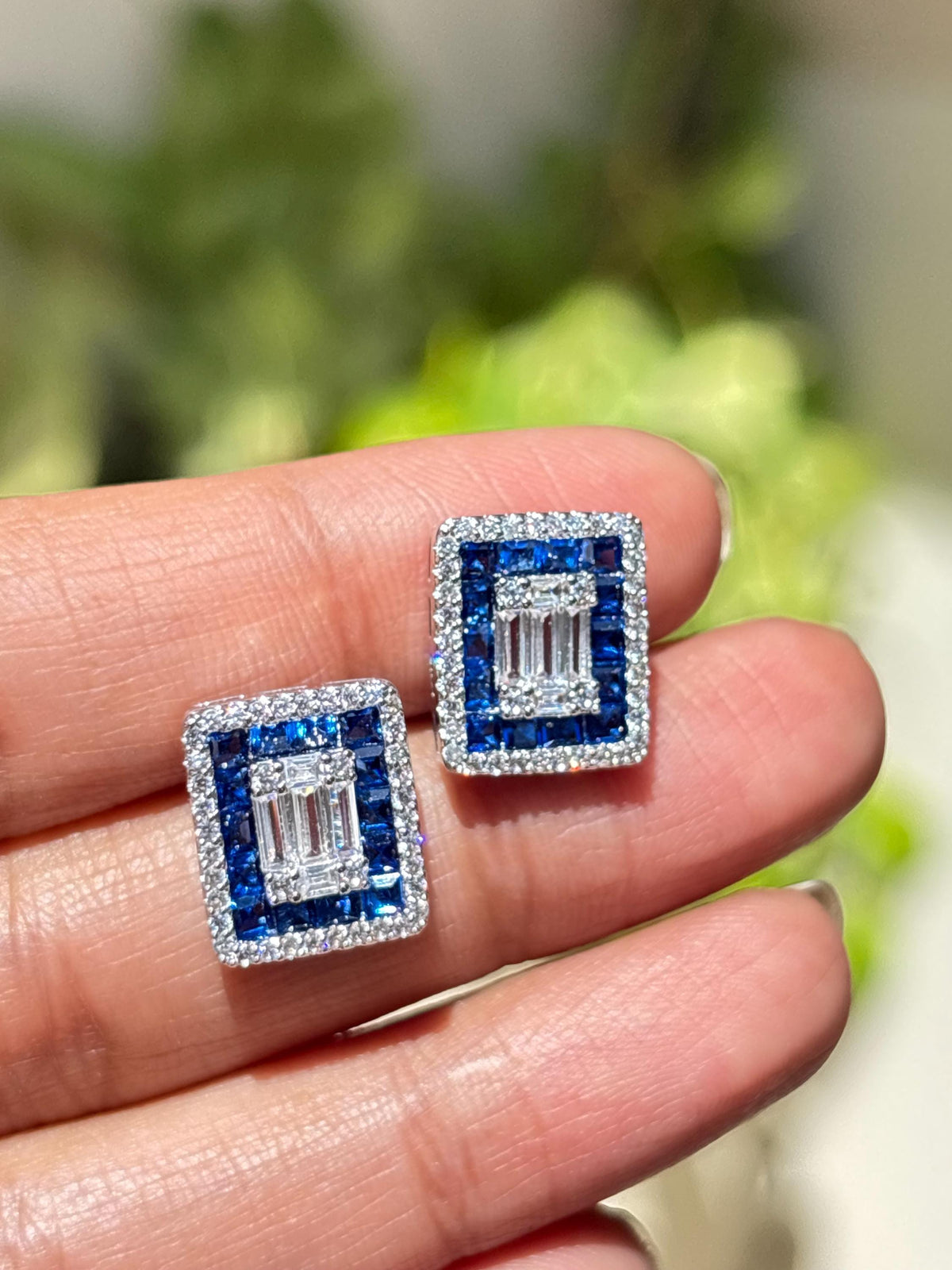 Sapphire Diamond Earrings Small Statement Studs Invisible Setting Moissanite Royal Blue Stone Jewelry Gift