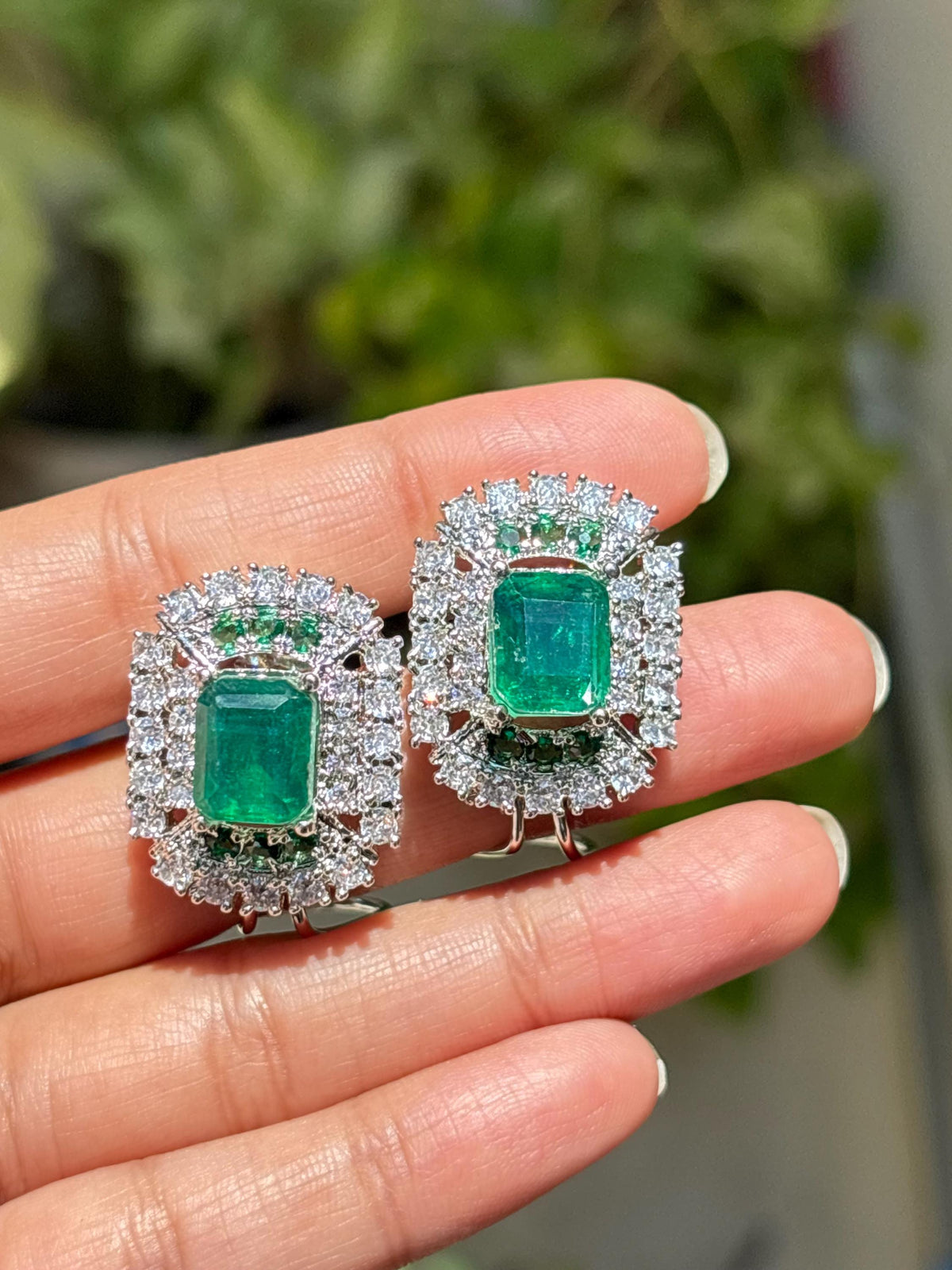 Large Emerald Doublet Earrings Statement Studs Moissanite Diamond Green Paraiba Tourmaline Cubic Zirconia Jewelry