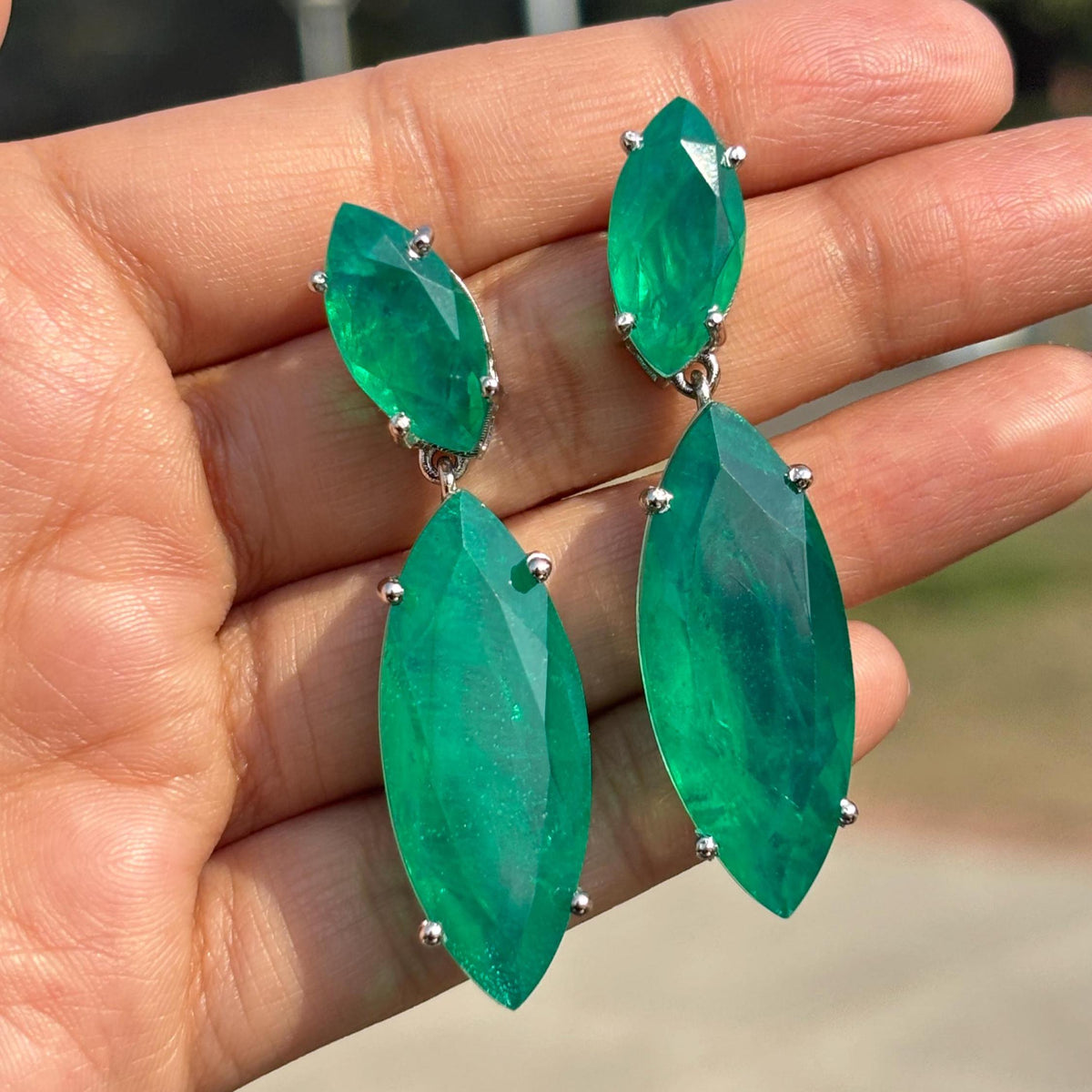 Large Emerald Doublet Earrings Long Dangle Statement Green Paraiba Tourmaline Stone Teardrop Cocktail Jewelry