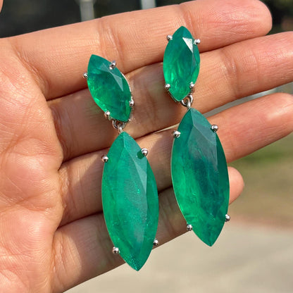 Large Emerald Doublet Earrings Long Dangle Statement Green Paraiba Tourmaline Stone Teardrop Cocktail Jewelry