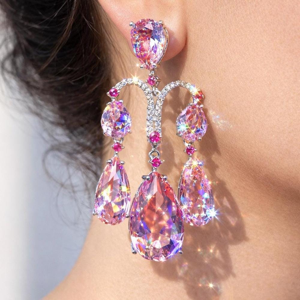 Pink Chandelier Earrings Moissanite Statement Teardrop Shape Pink Sapphire Large Dangle CZ Wedding Jewelry