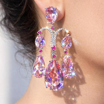 Pink Chandelier Earrings Moissanite Statement Teardrop Shape Pink Sapphire Large Dangle CZ Wedding Jewelry