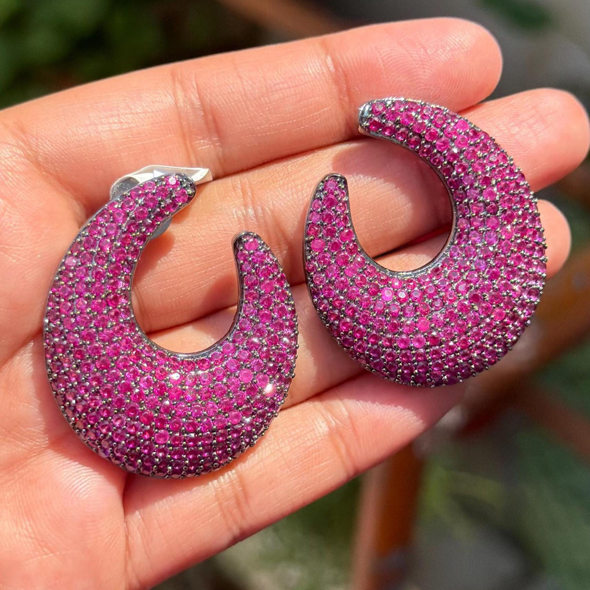 Ruby Diamond Earrings Large Statement Studs Pink Sapphire Pave Setting Designer Bride Wedding Jewelry