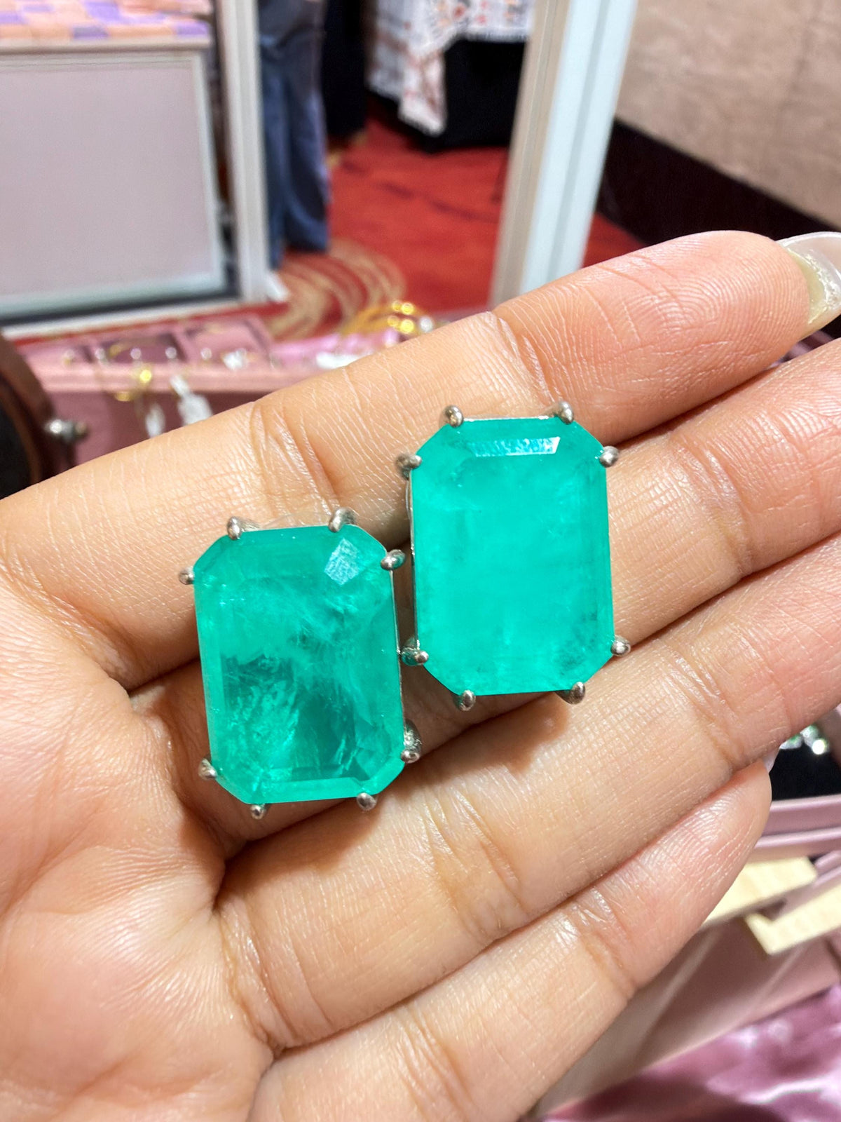Large Emerald Doublet Earrings Statement Studs Moissanite Diamond Green Paraiba Tourmaline Cubic Zirconia Jewelry