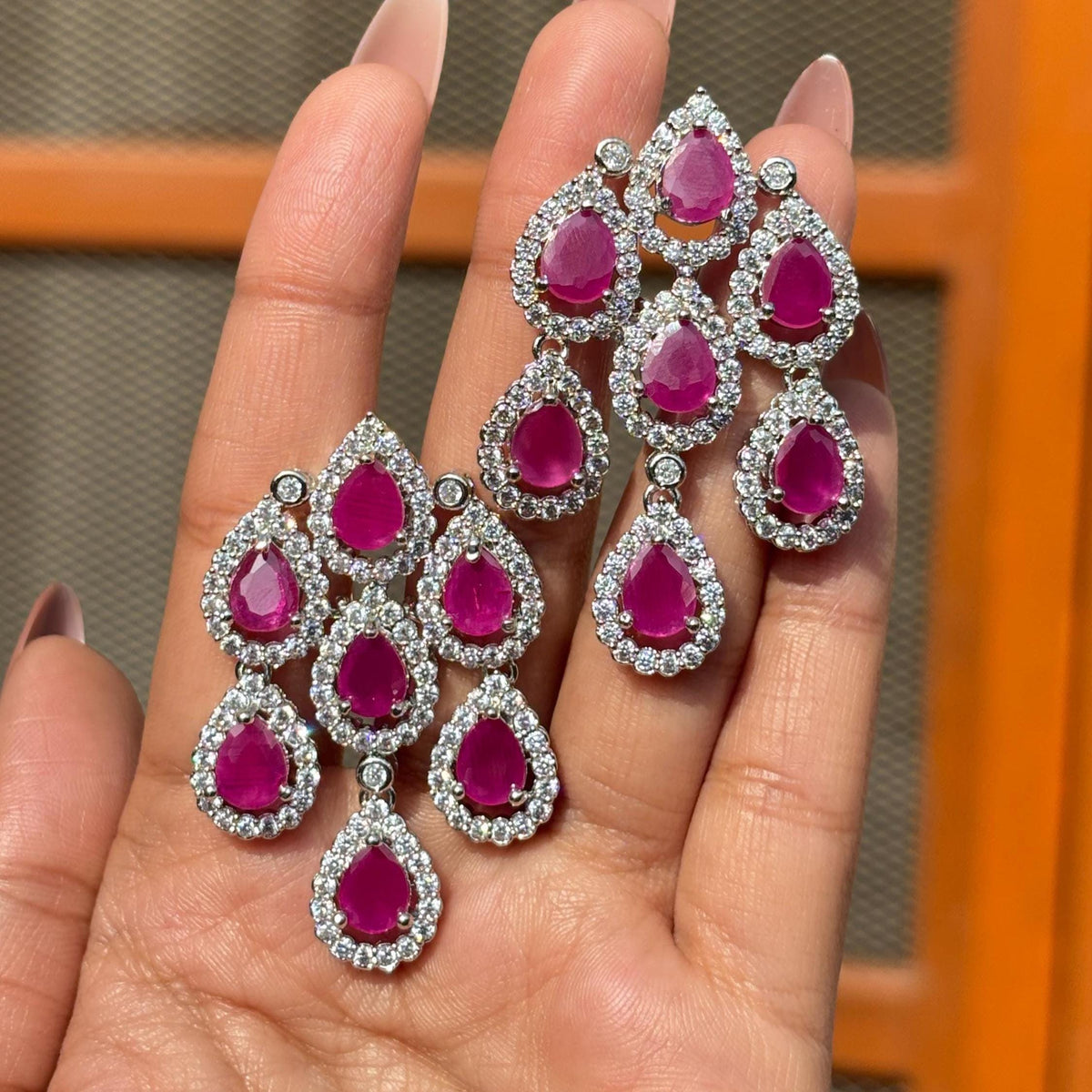 Large Ruby Diamond Earrings Chandelier Statement Teardrop CZ Moissanite Pink Sapphire Cocktail Party Jewelry
