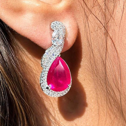 Ruby Diamond Earrings Moissanite Statement CZ Pink Sapphire Cubic Zirconia Dangle Deop Wedding Jewelry