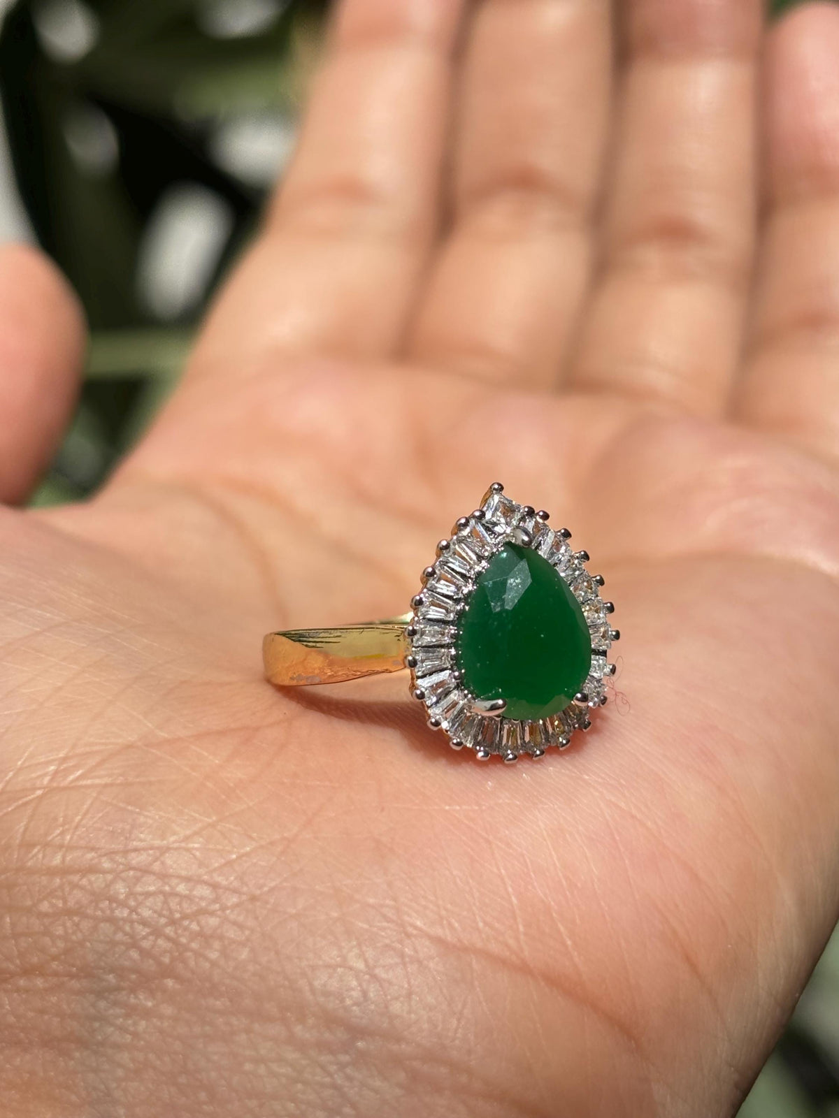 Emerald Diamond Ring Pearl Shape Stone Statement Moissanite Engagement Green Gold Plated Jewelry Gift