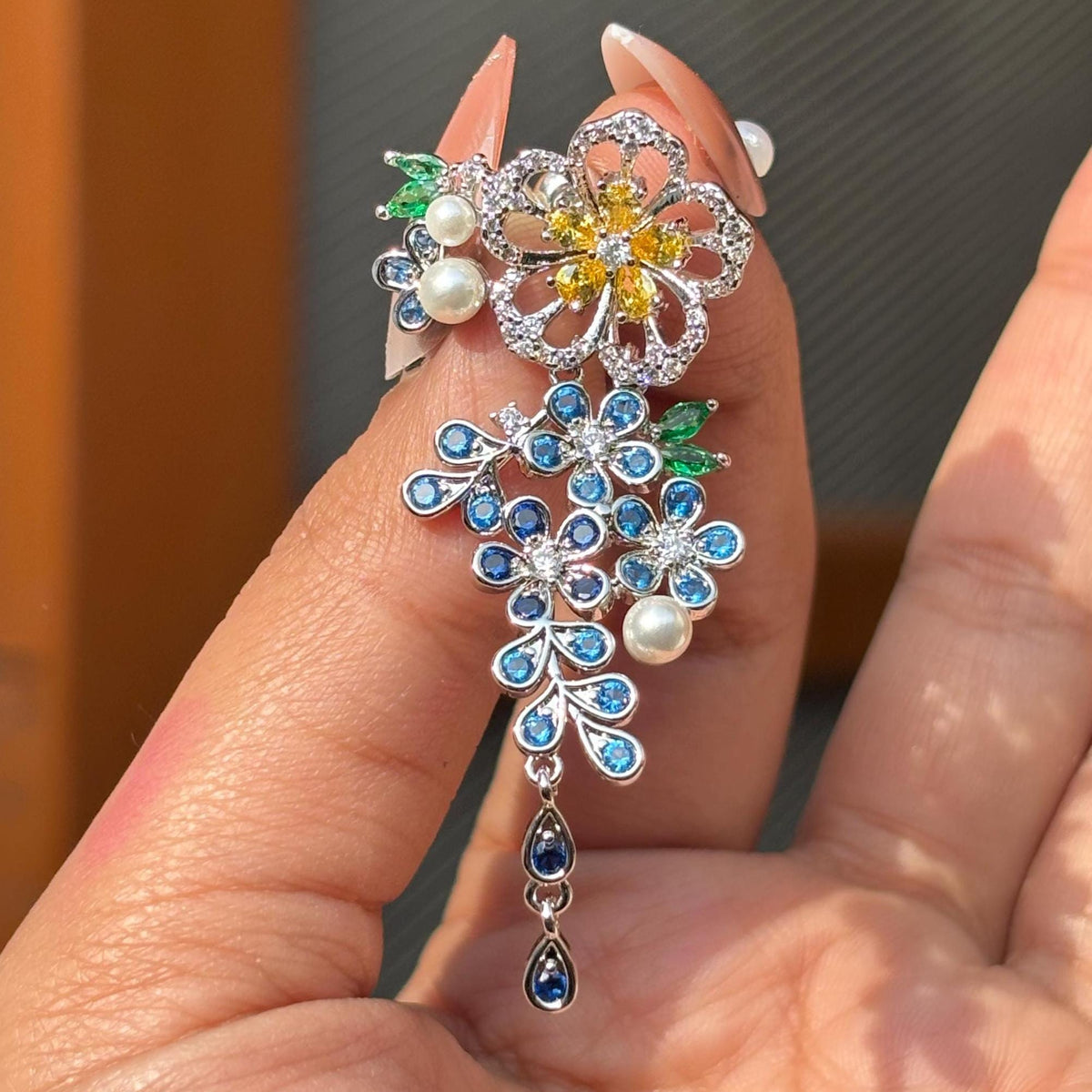 Sapphire Diamond Earrings Yellow CZ Jewelry Moissanite Statement Cubic Zirconia Blue Flower Hangings Wedding