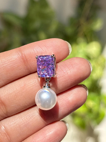 Purple Diamond Earrings Pearl Drop Statement Lavender Purple Sapphire Stone Jewelry Moissanite Designer Gift