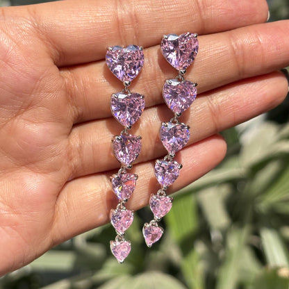 Pink Diamond Earrings Heart Shape Long Dangle Statement Moissanite Pink Sapphire Stone Cocktail Jewelry
