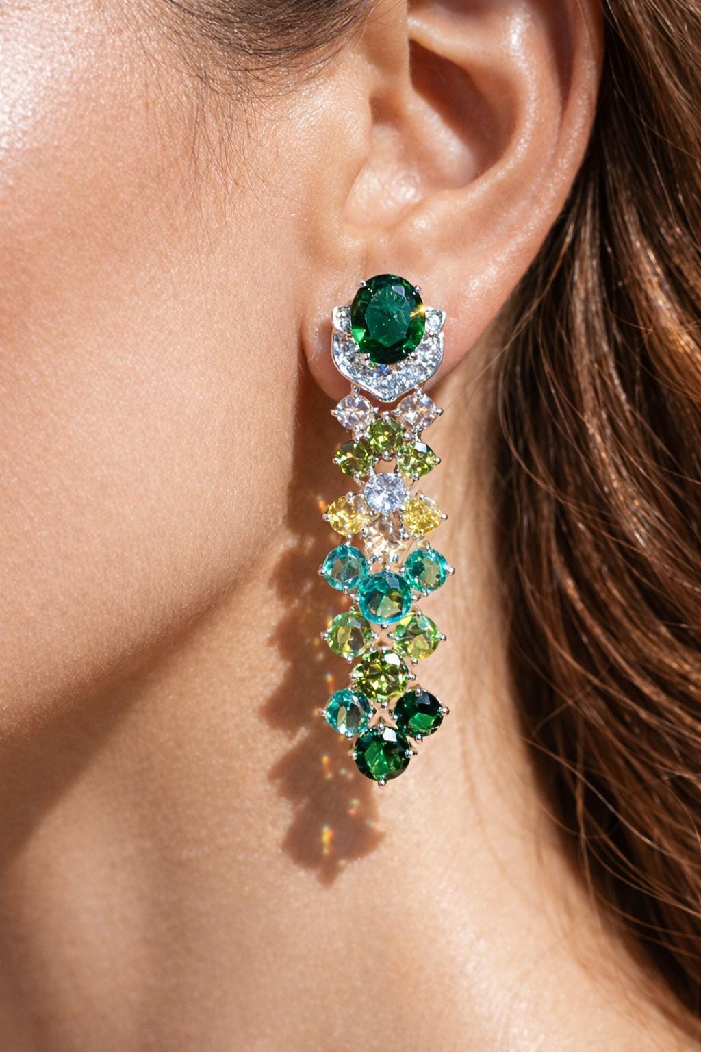 Emerald Diamond Earrings Teal Statement Long Dangle Chandelier Moissanite Multi Green Stone Jewelry Wedding