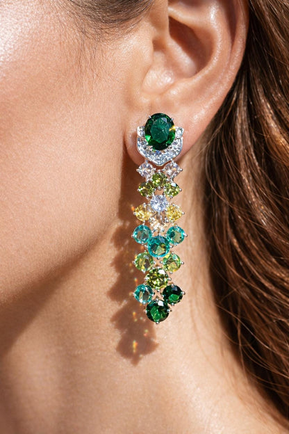 Emerald Diamond Earrings Teal Statement Long Dangle Chandelier Moissanite Multi Green Stone Jewelry Wedding