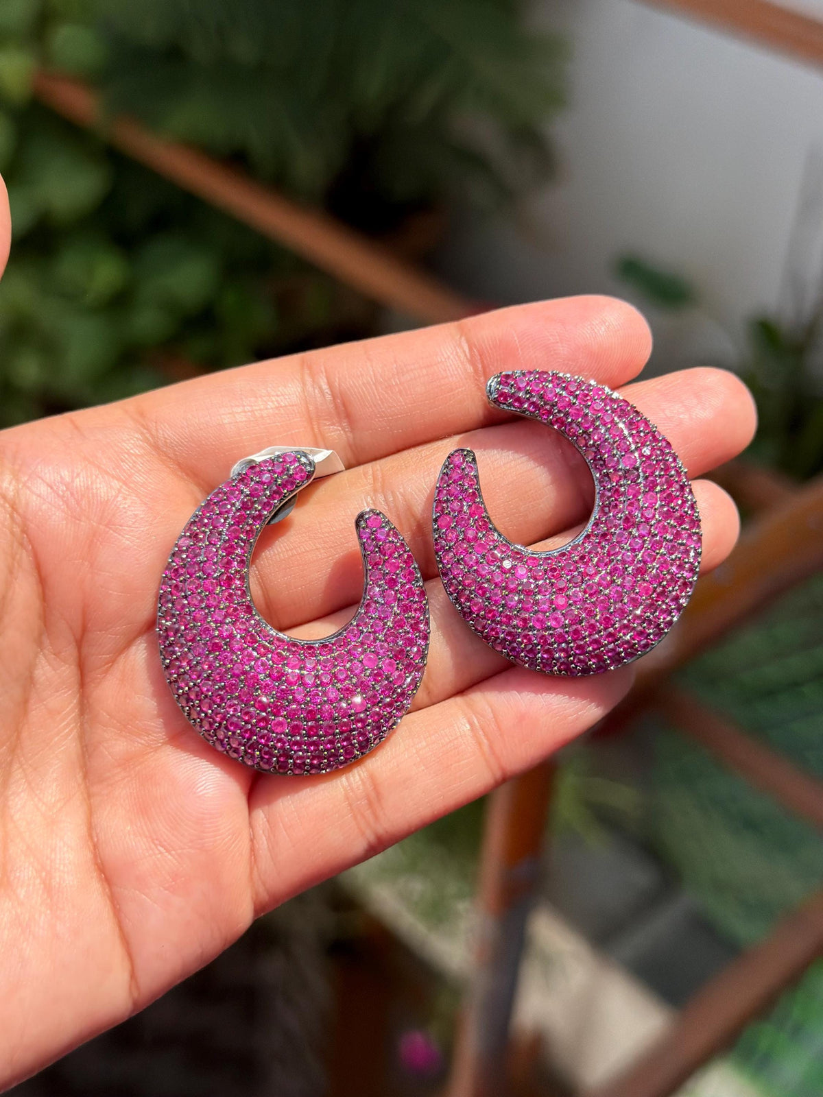 Ruby Diamond Earrings Large Statement Studs Pink Sapphire Pave Setting Designer Bride Wedding Jewelry