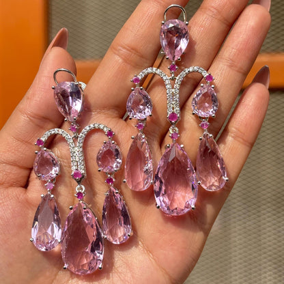 Pink Chandelier Earrings Moissanite Statement Teardrop Shape Pink Sapphire Large Dangle CZ Wedding Jewelry