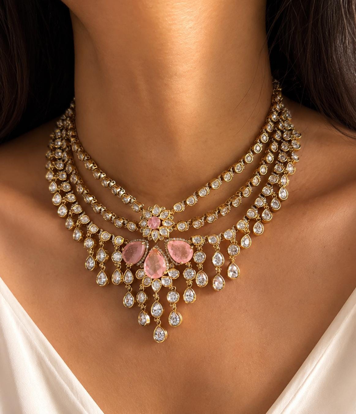 Polki Jewelry Pink Doublet Indian Layered Necklace Sabyasachi Inspired Moissanite Polki Diamond Kundan Choker