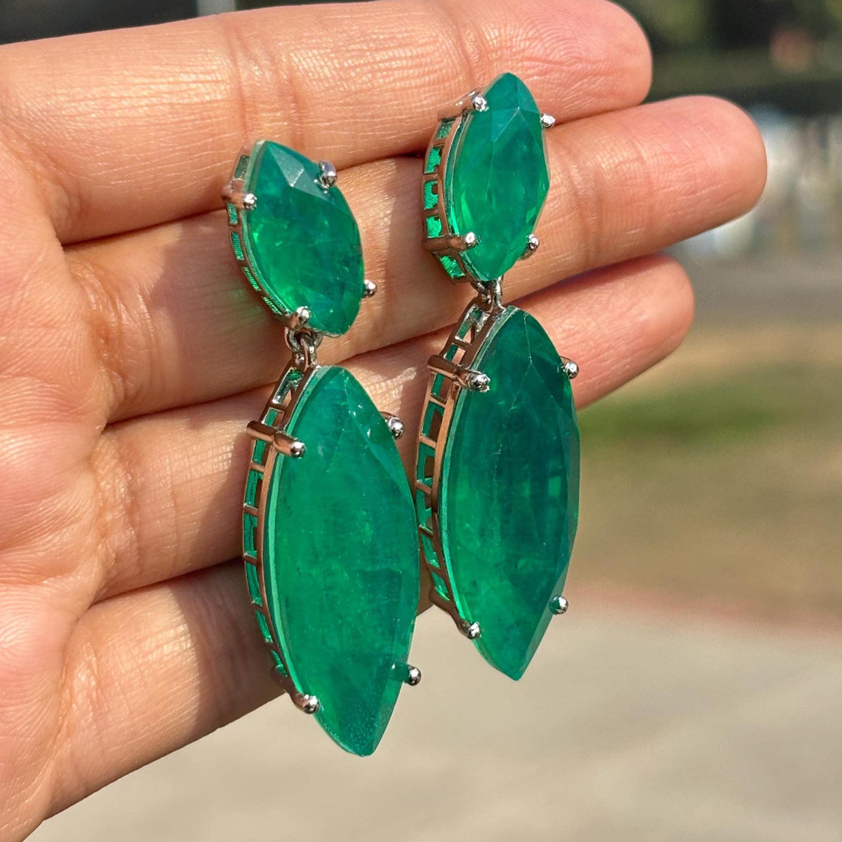 Large Emerald Doublet Earrings Long Dangle Statement Green Paraiba Tourmaline Stone Teardrop Cocktail Jewelry