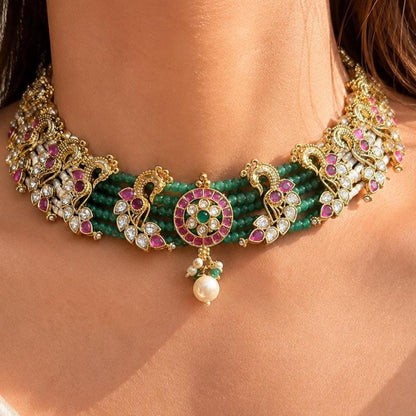 Polki Necklace Emerald Ruby Indian Jewelry Sabyasachi Inspired Peacock Green Choker Gold Bridal Choker