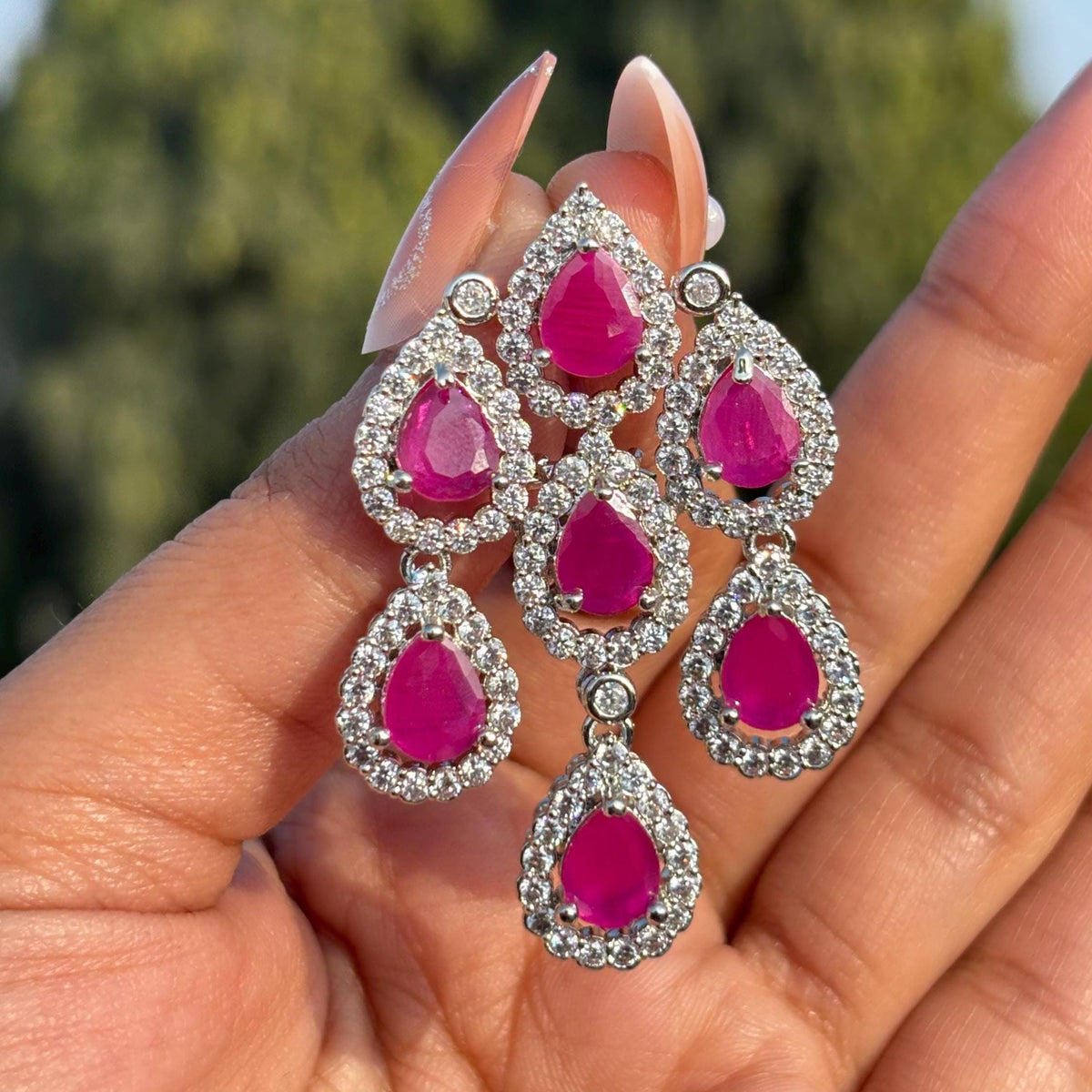 Large Ruby Diamond Earrings Chandelier Statement Teardrop CZ Moissanite Pink Sapphire Cocktail Party Jewelry