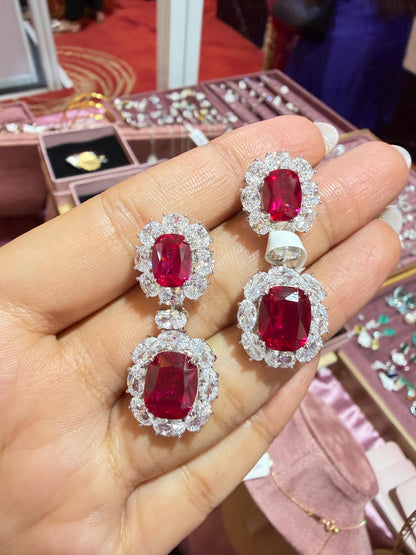 Ruby Diamond Earrings Chandelier Statement CZ Moissanite Red Sapphire Cocktail Party Jewelry Bride Wedding