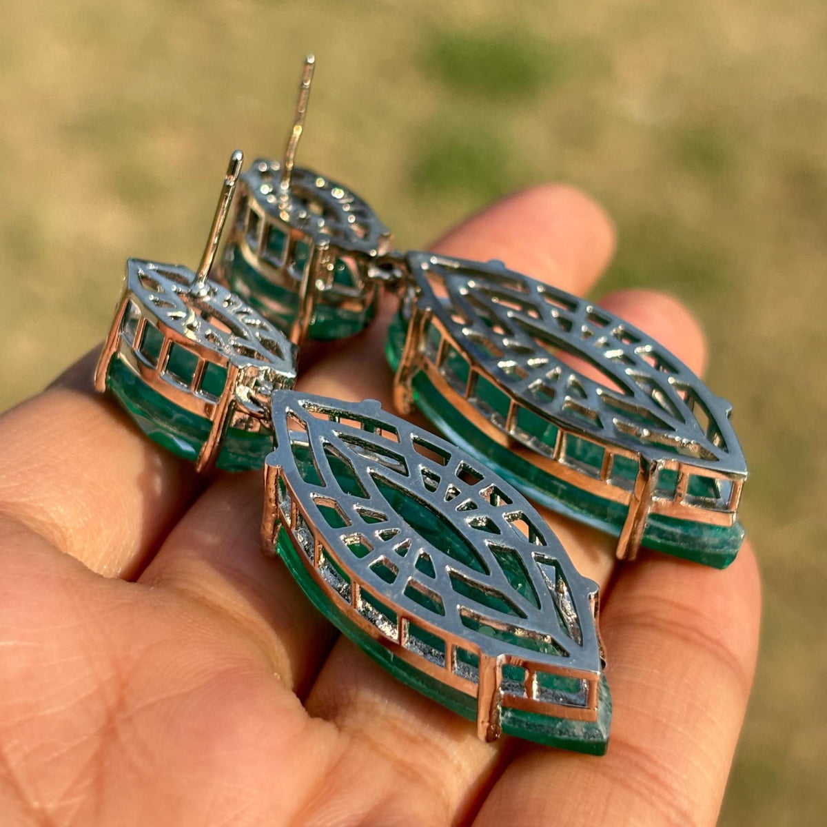 Large Emerald Doublet Earrings Long Dangle Statement Green Paraiba Tourmaline Stone Teardrop Cocktail Jewelry