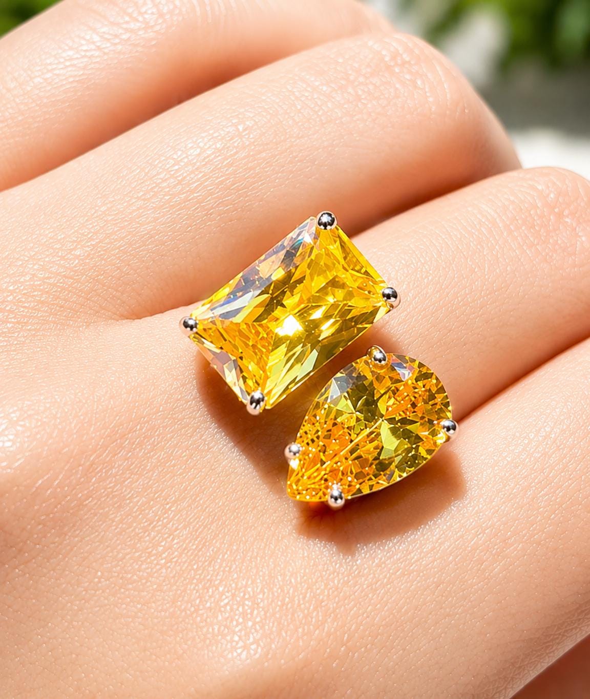Yellow Diamond Ring Canary Moissanite Large Cocktail Two Stone Statement Jewelry Yellow Sapphire Rings
