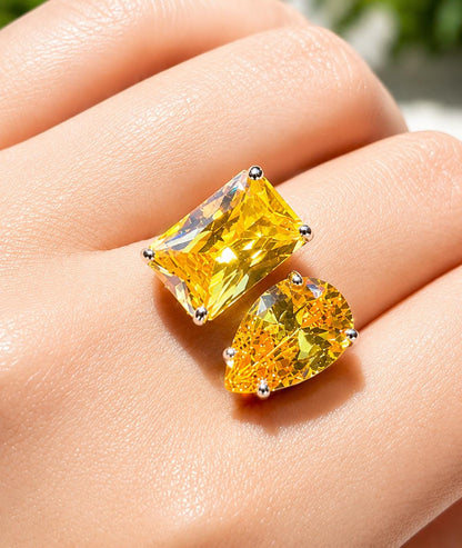 Yellow Diamond Ring Canary Moissanite Large Cocktail Two Stone Statement Jewelry Yellow Sapphire Rings
