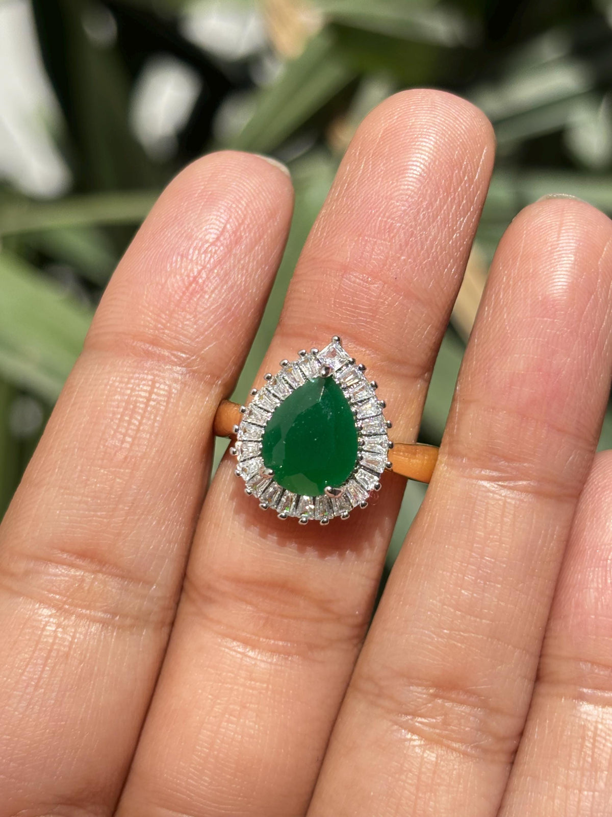 Emerald Diamond Ring Pearl Shape Stone Statement Moissanite Engagement Green Gold Plated Jewelry Gift