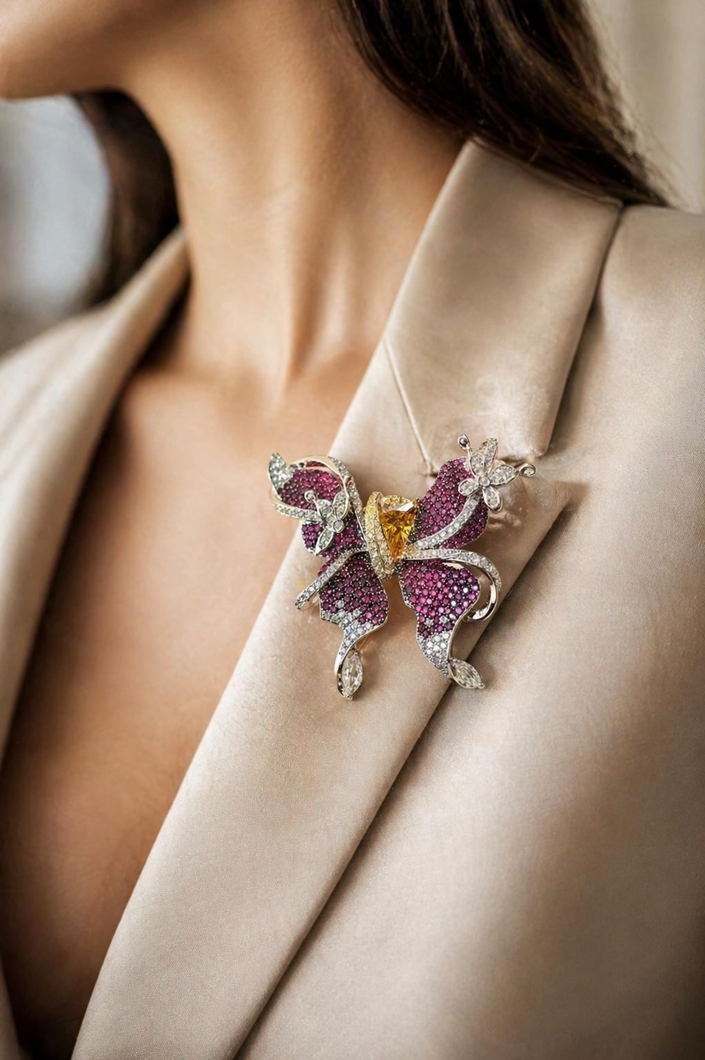 Large Ruby Brooch Butterfly Shape Moissanite Yellow Diamond Pink Sapphire Canary Stone Jewelry Designer