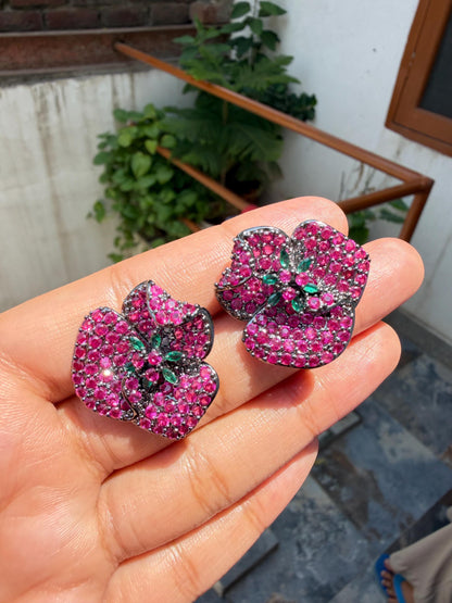 Pink Sapphire Earrings Statement Studs Large Ruby Diamond Green Emerald Moissanite Pave Setting Jewelry