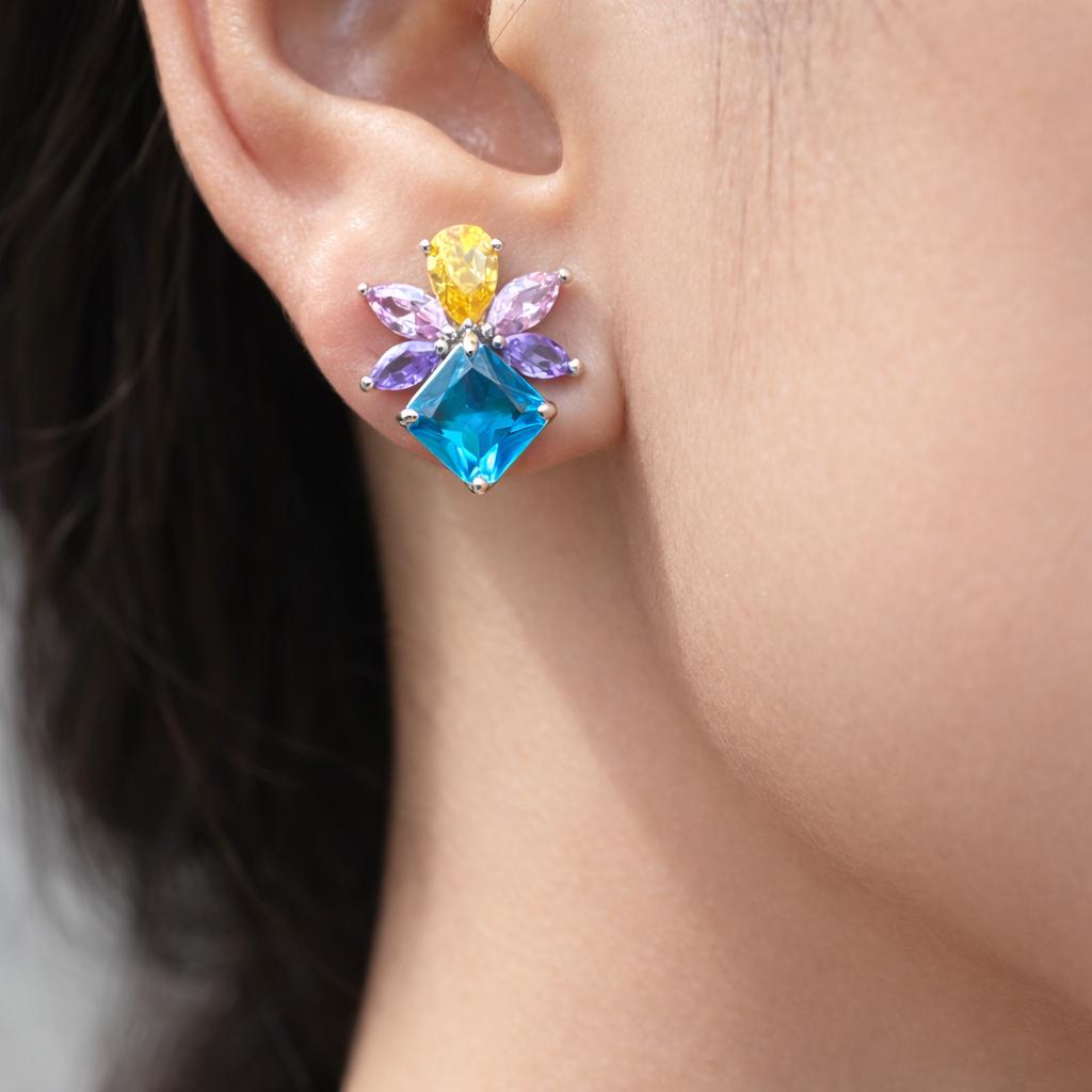 Aquamarine Earrings Multicolor Statement Studs Aqua Blue CZ Moissanite Diamond Colorful Stone Jewelry Gift