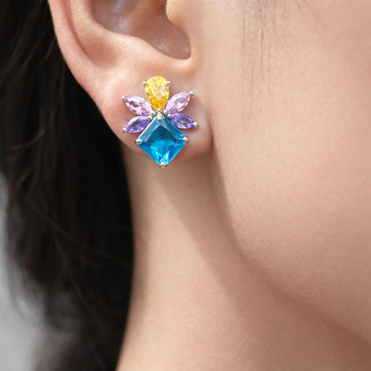 Aquamarine Earrings Multicolor Statement Studs Aqua Blue CZ Moissanite Diamond Colorful Stone Jewelry Gift