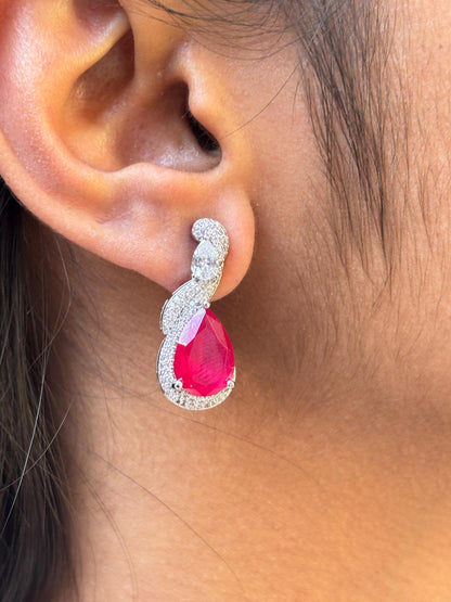 Ruby Diamond Earrings Moissanite Statement CZ Pink Sapphire Cubic Zirconia Dangle Deop Wedding Jewelry