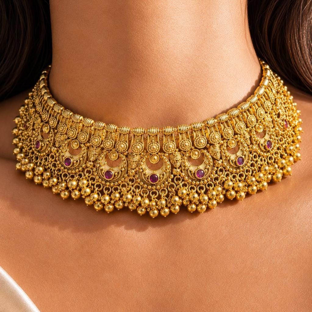 Indian Necklace Antique Gold Plated Bridal Choker South Indian Jewelry Temple Wedding Golden Set
