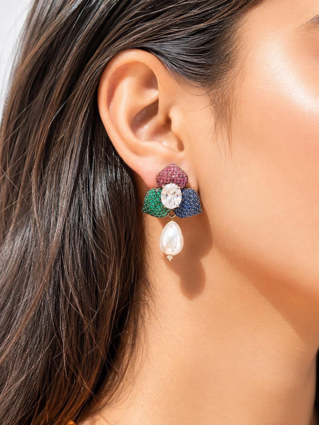 Pearl Drop Earrings Pave Setting Ruby Stone Sapphire Diamond Green Emerald Multicolor Wedding Jewelry