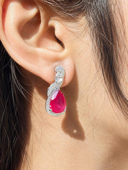 Ruby Diamond Earrings Moissanite Statement CZ Pink Sapphire Cubic Zirconia Dangle Deop Wedding Jewelry