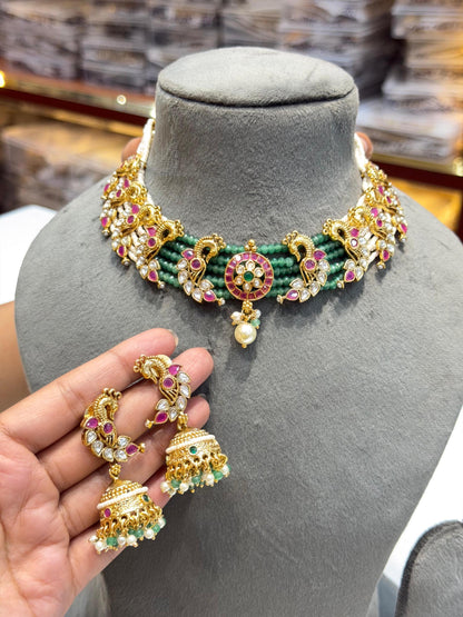 Polki Necklace Emerald Ruby Indian Jewelry Sabyasachi Inspired Peacock Green Choker Gold Bridal Choker
