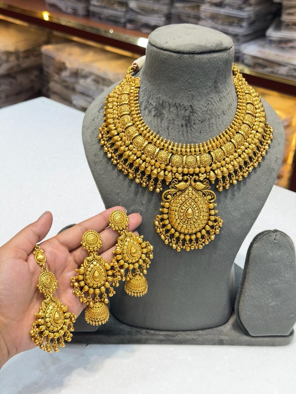 Indian Bridal Necklace Antique Jewelry Choker South India Jewelry Temple Gold Plated Traditional Set