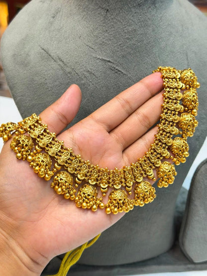 Indian Jewelry Gold Necklace Antique Gold Plated Bridal Choker South India Golden Temple Set