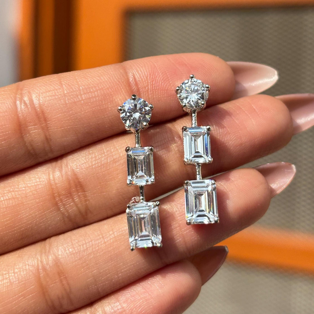 Moissanite Diamond Earrings Small Dangle Emerald Cut Minimalist CZ Cubic Zirconia Bride Wedding Gift